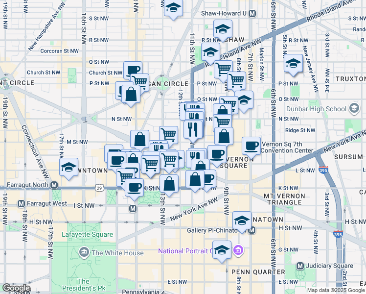 map of restaurants, bars, coffee shops, grocery stores, and more near 1112 M Street Northwest in Washington