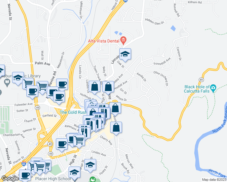 map of restaurants, bars, coffee shops, grocery stores, and more near 150 Foresthill Avenue in Auburn