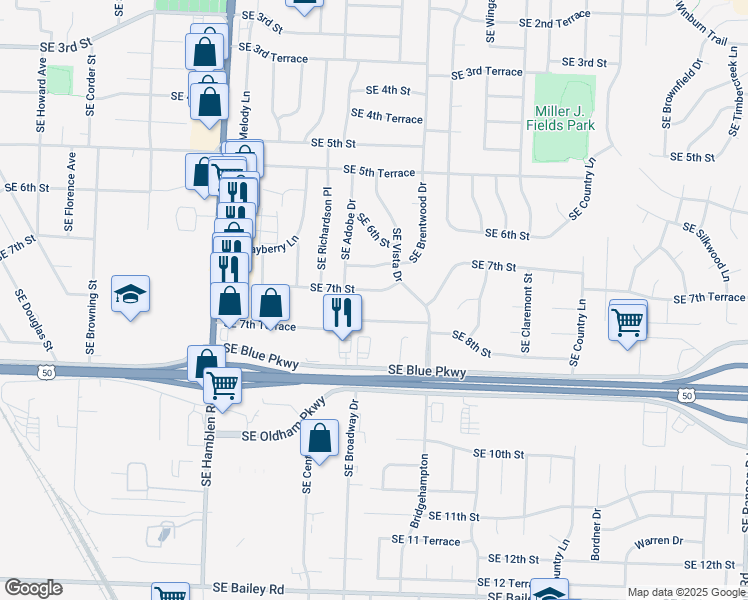 map of restaurants, bars, coffee shops, grocery stores, and more near 1017 Southeast 7th Street in Lee's Summit