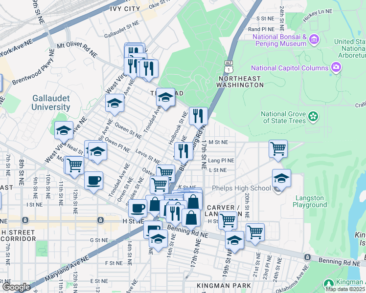 map of restaurants, bars, coffee shops, grocery stores, and more near 101 Independence Avenue Southeast in Washington