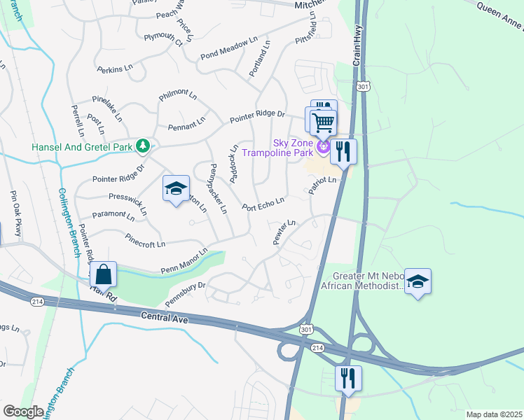 map of restaurants, bars, coffee shops, grocery stores, and more near 1125 Port Echo Lane in Bowie