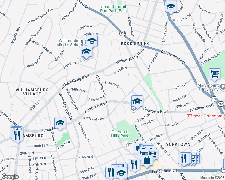 map of restaurants, bars, coffee shops, grocery stores, and more near 5301 31st Road North in Arlington