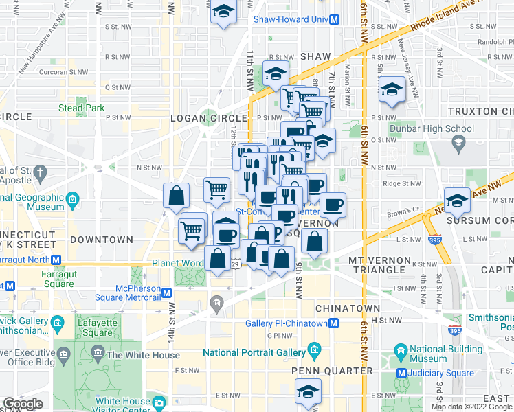 map of restaurants, bars, coffee shops, grocery stores, and more near 1125 11th Street Northwest in Washington