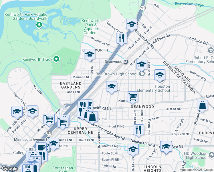 map of restaurants, bars, coffee shops, grocery stores, and more near 4406 Lee Street Northeast in Washington