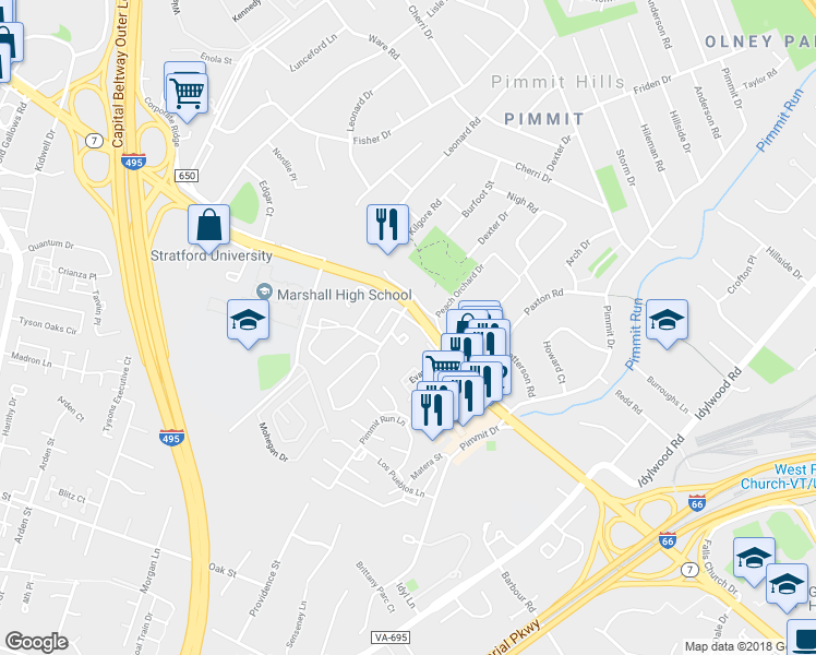 map of restaurants, bars, coffee shops, grocery stores, and more near 2111 Kings Mill Ct in Falls Church