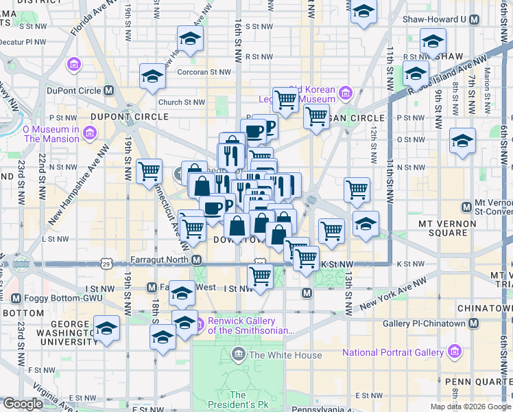map of restaurants, bars, coffee shops, grocery stores, and more near 1518 M Street Northwest in Washington