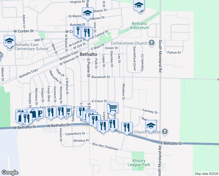 map of restaurants, bars, coffee shops, grocery stores, and more near 435 Sheridan Street in Bethalto