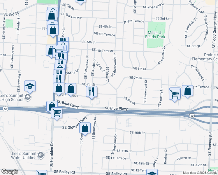 map of restaurants, bars, coffee shops, grocery stores, and more near 704 Southeast Vista Drive in Lee's Summit
