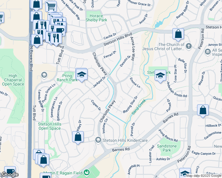 map of restaurants, bars, coffee shops, grocery stores, and more near 5211 Blackcloud Loop in Colorado Springs