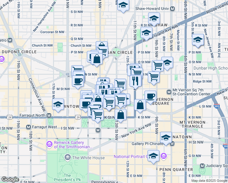 map of restaurants, bars, coffee shops, grocery stores, and more near 1301 Massachusetts Avenue Northwest in Washington