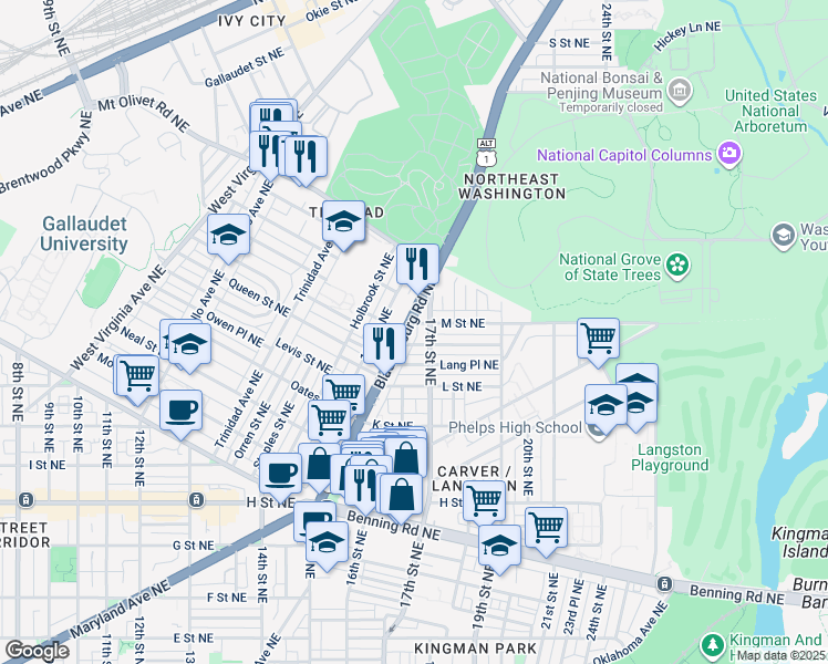 map of restaurants, bars, coffee shops, grocery stores, and more near 1161 U.S. 1 Alternate in Washington