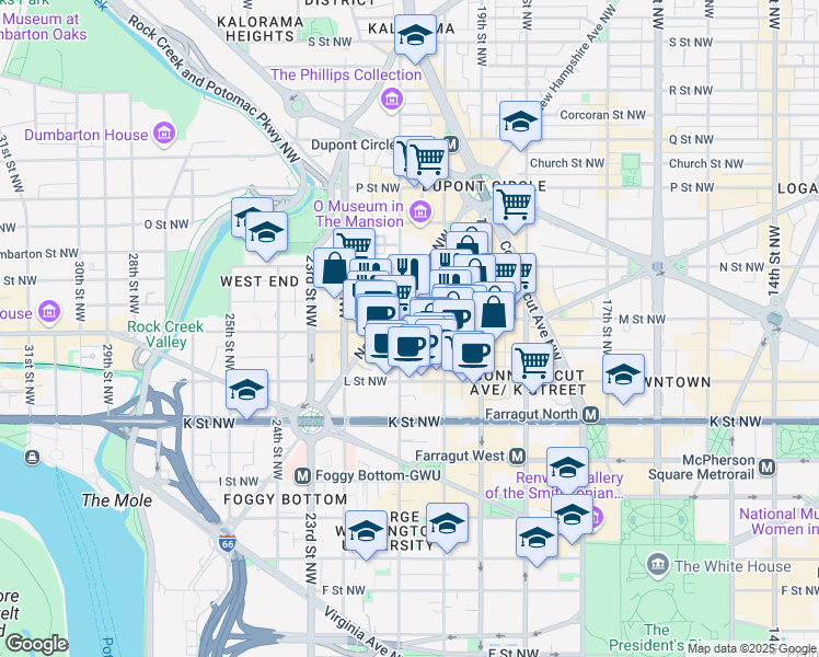 map of restaurants, bars, coffee shops, grocery stores, and more near 2050 M Street Northwest in Washington