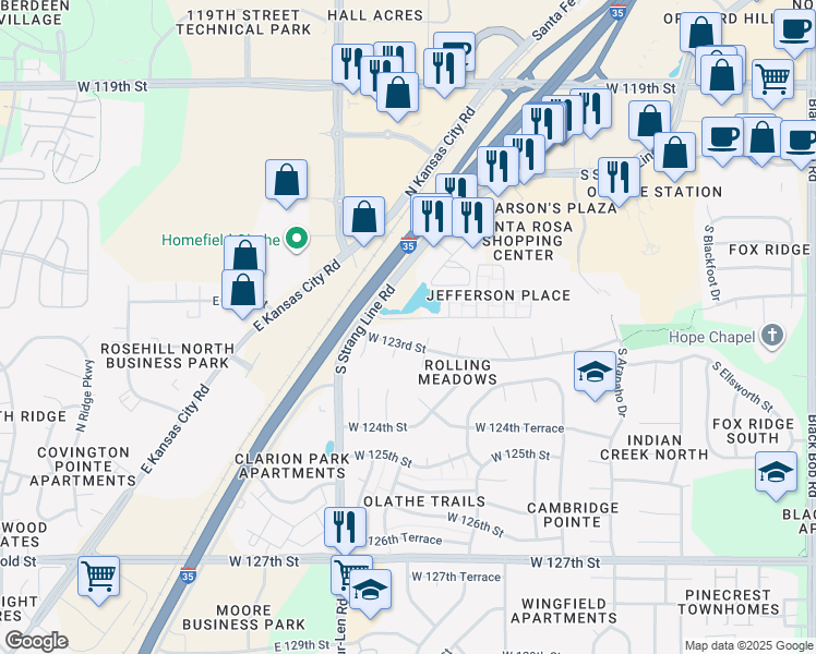 map of restaurants, bars, coffee shops, grocery stores, and more near 16512 West 123rd Street in Olathe