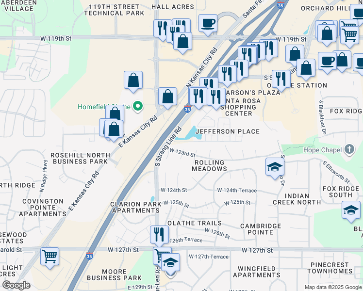 map of restaurants, bars, coffee shops, grocery stores, and more near 16512 West 123rd Street in Olathe