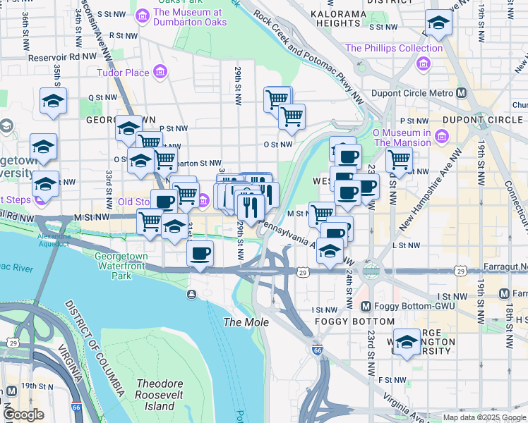 map of restaurants, bars, coffee shops, grocery stores, and more near 2715 M Street Northwest in Washington