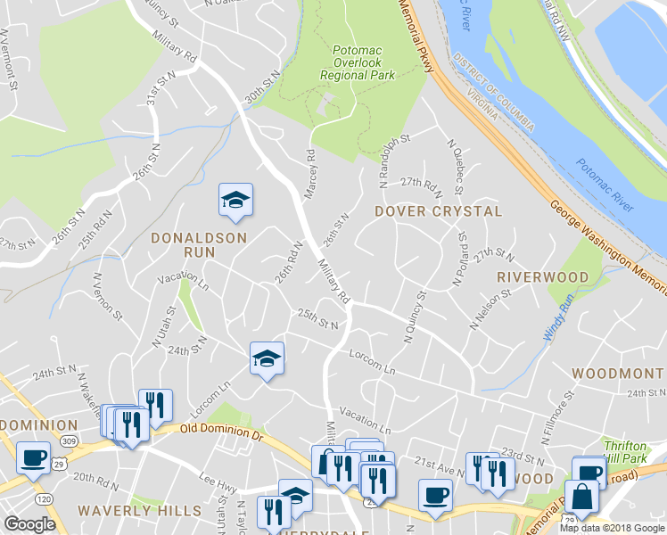 map of restaurants, bars, coffee shops, grocery stores, and more near 2549 Military Road in Arlington