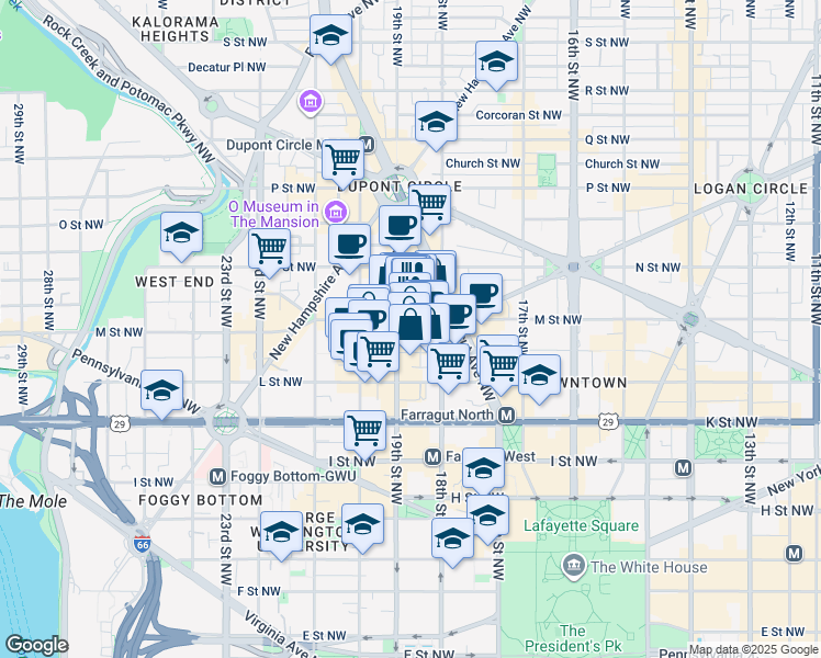 map of restaurants, bars, coffee shops, grocery stores, and more near 1850 M Street Northwest in Washington