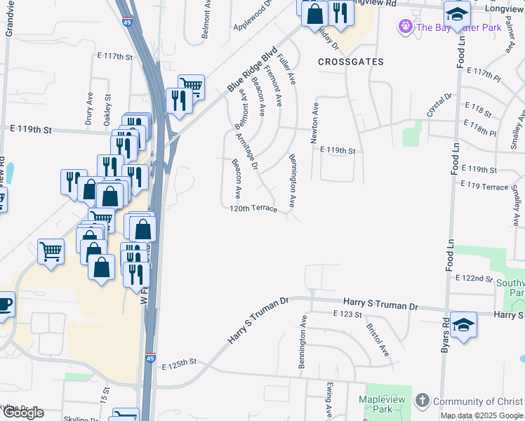 map of restaurants, bars, coffee shops, grocery stores, and more near 6301 120th Terrace in Grandview