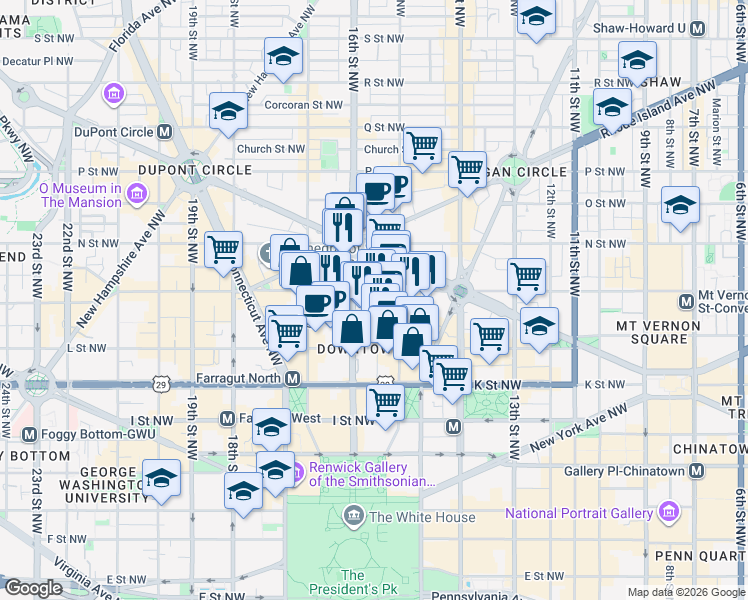 map of restaurants, bars, coffee shops, grocery stores, and more near 1550 M Street Northwest in Washington