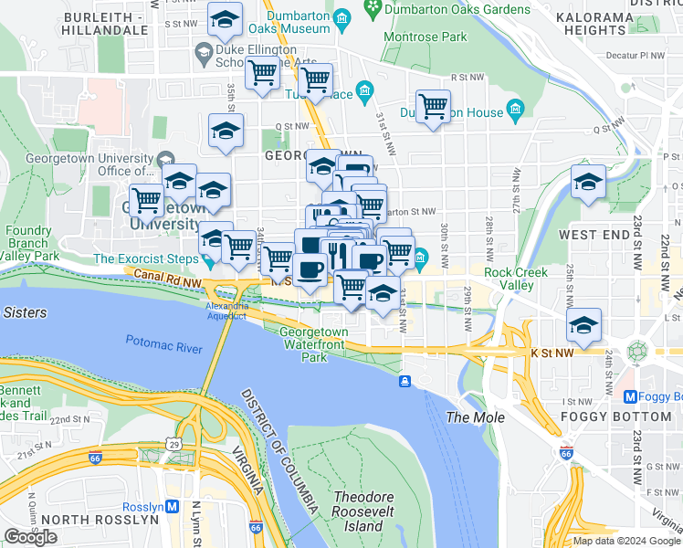map of restaurants, bars, coffee shops, grocery stores, and more near 3235 M Street Northwest in Washington