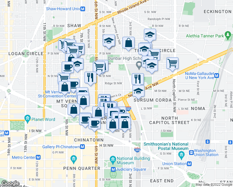 map of restaurants, bars, coffee shops, grocery stores, and more near 420 M Street Northwest in Washington