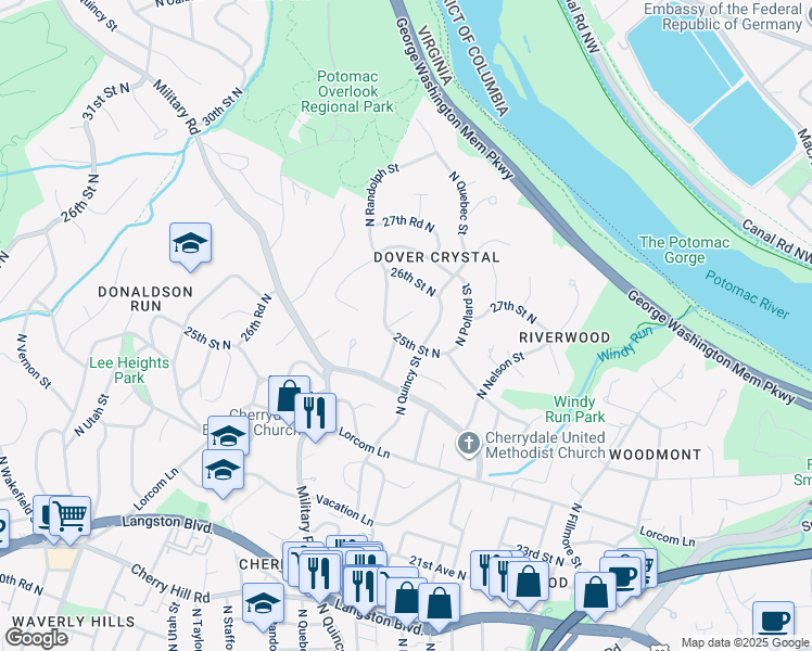 map of restaurants, bars, coffee shops, grocery stores, and more near 2507 North Quebec Street in Arlington