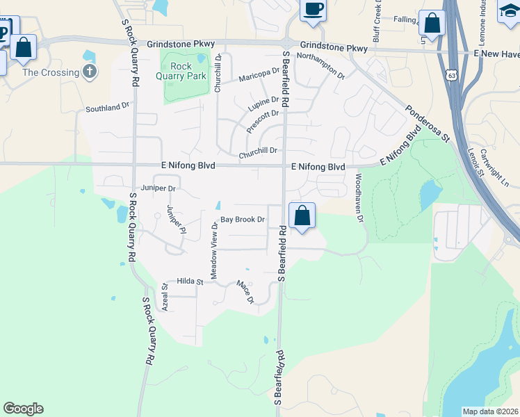 map of restaurants, bars, coffee shops, grocery stores, and more near 2302 Silver Leaf Court in Columbia