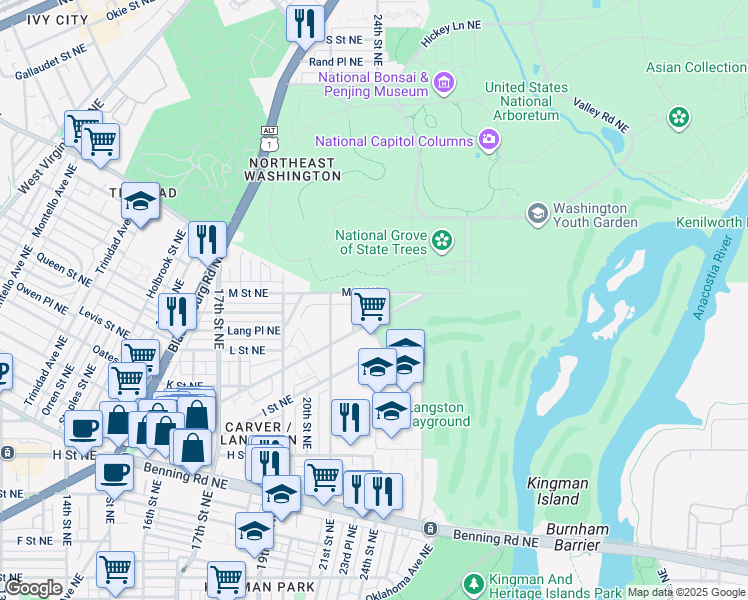 map of restaurants, bars, coffee shops, grocery stores, and more near 2221 M Street Northeast in Washington
