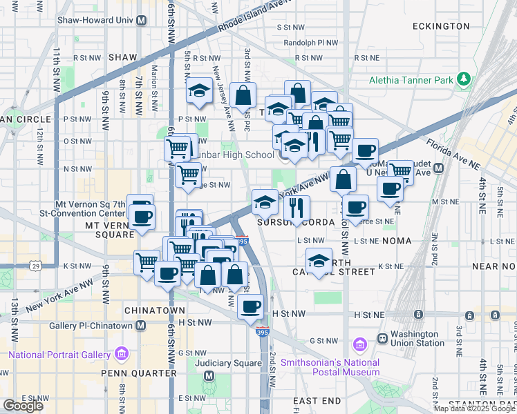 map of restaurants, bars, coffee shops, grocery stores, and more near 216 New York Avenue Northwest in Washington