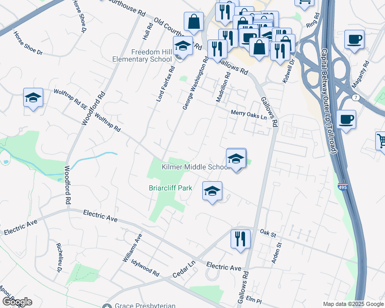 map of restaurants, bars, coffee shops, grocery stores, and more near 8101 Maya Court in Vienna