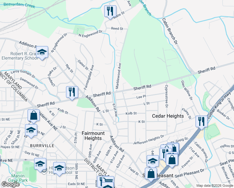 map of restaurants, bars, coffee shops, grocery stores, and more near 5531 Sheriff Road in Fairmount Heights
