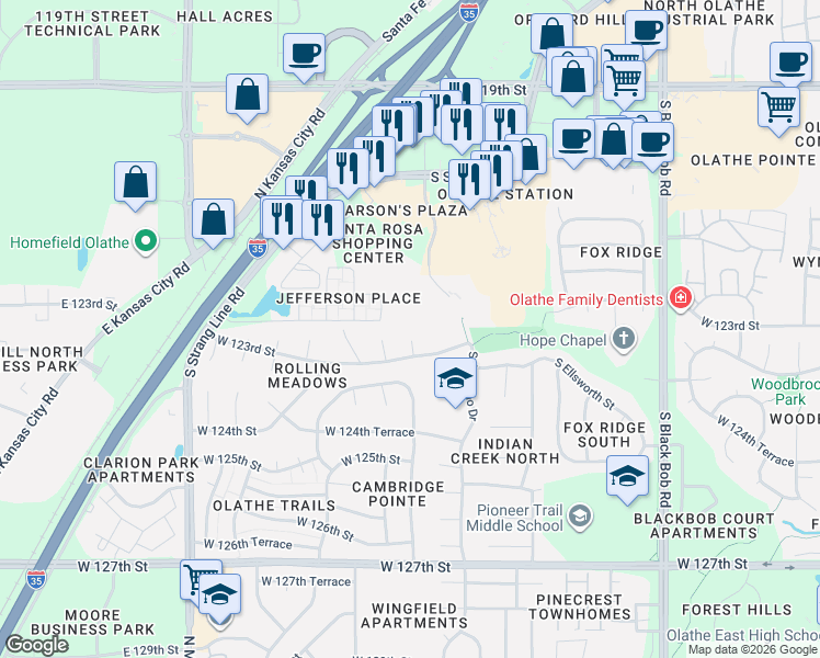 map of restaurants, bars, coffee shops, grocery stores, and more near 16014 West 123rd Street in Olathe