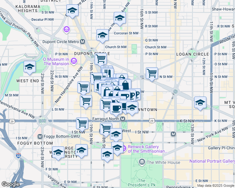 map of restaurants, bars, coffee shops, grocery stores, and more near 1730 M Street Northwest in Washington