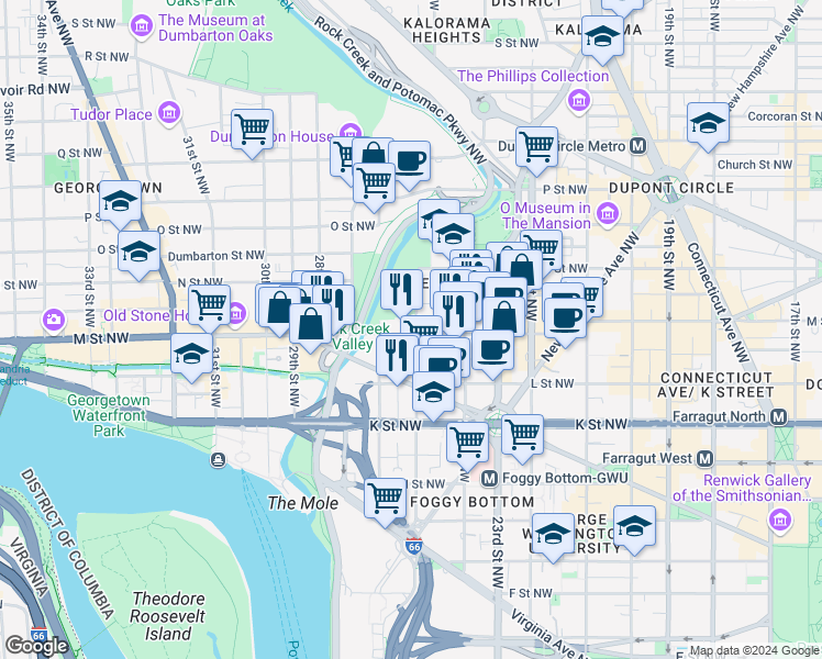 map of restaurants, bars, coffee shops, grocery stores, and more near 2501 M Street Northwest in Washington