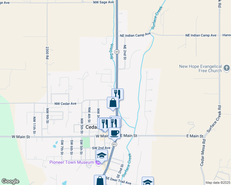 map of restaurants, bars, coffee shops, grocery stores, and more near 439-485 North Grand Mesa Drive in Cedaredge