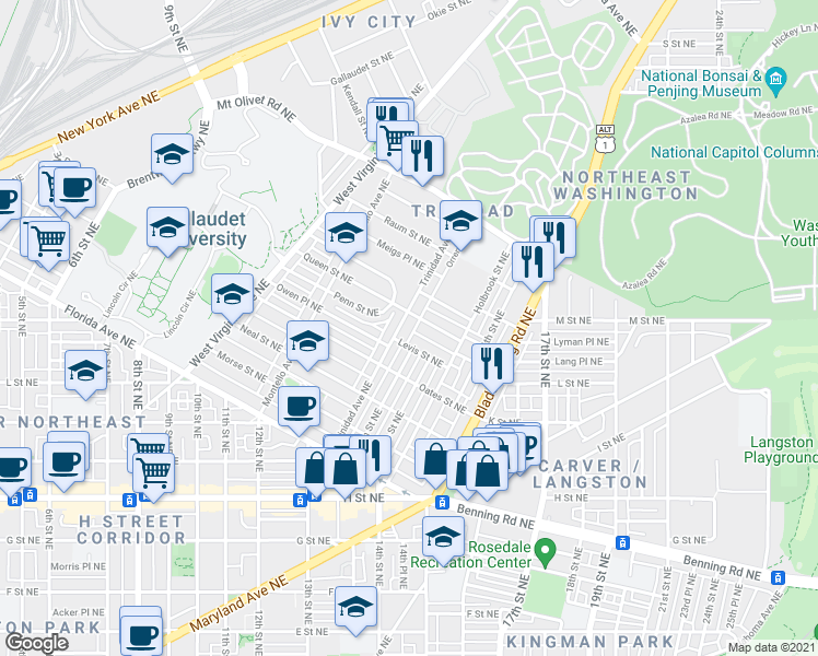 map of restaurants, bars, coffee shops, grocery stores, and more near 1515 Trinidad Avenue Northeast in Washington
