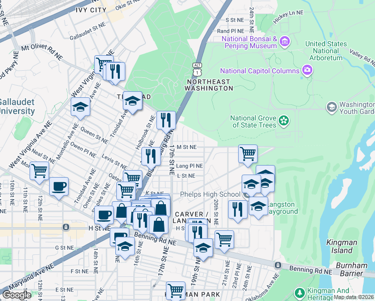 map of restaurants, bars, coffee shops, grocery stores, and more near 101 Independence Avenue Southeast in Washington