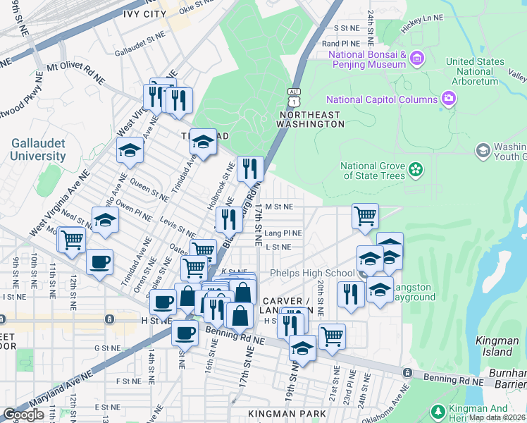 map of restaurants, bars, coffee shops, grocery stores, and more near 101 Independence Avenue Southeast in Washington