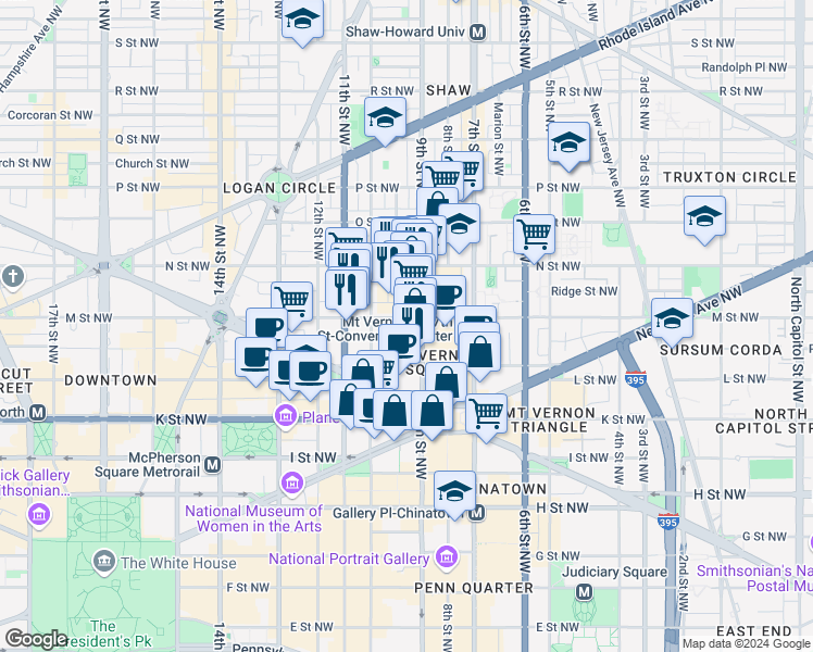map of restaurants, bars, coffee shops, grocery stores, and more near 910 M Street Northwest in Washington