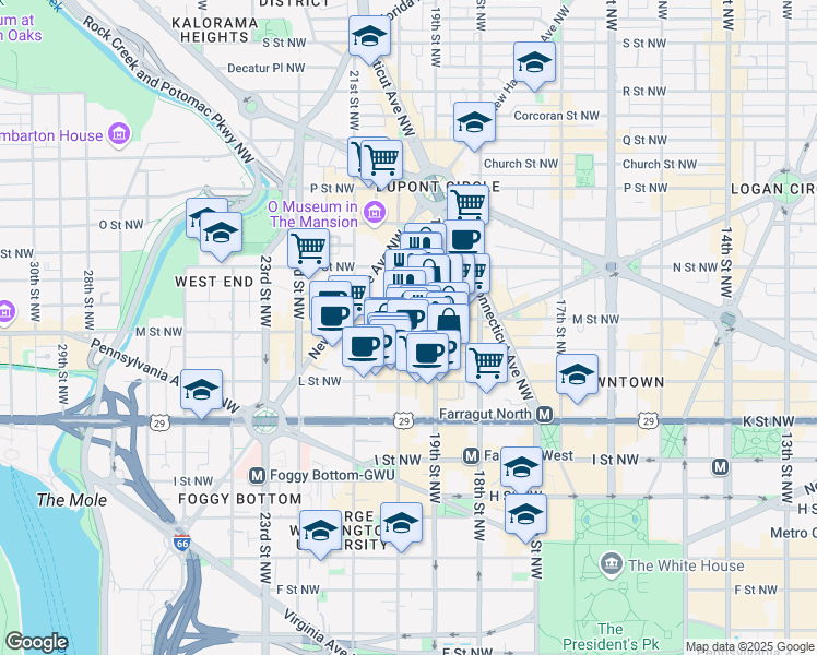 map of restaurants, bars, coffee shops, grocery stores, and more near 1990 M Street Northwest in Washington
