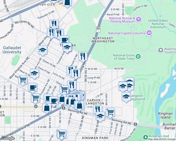 map of restaurants, bars, coffee shops, grocery stores, and more near 1709 M Street Northeast in Washington