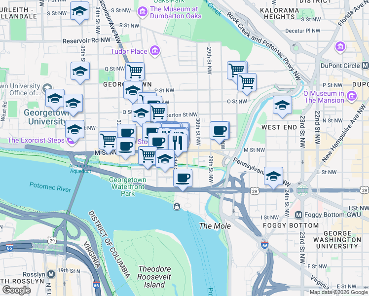 map of restaurants, bars, coffee shops, grocery stores, and more near 3051 M Street Northwest in Washington