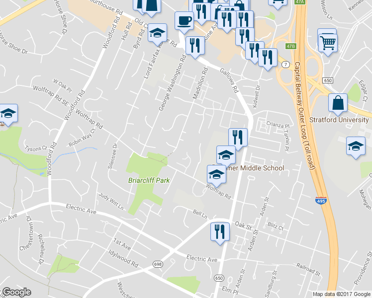map of restaurants, bars, coffee shops, grocery stores, and more near 2100 Arrowleaf Drive in Vienna