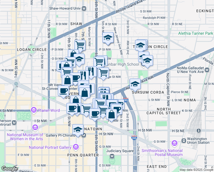 map of restaurants, bars, coffee shops, grocery stores, and more near 450 M Street Northwest in Washington