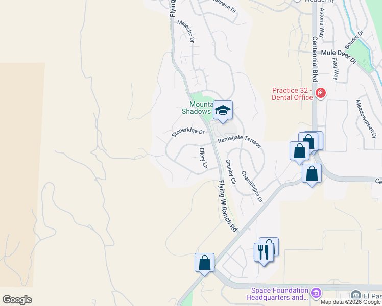 map of restaurants, bars, coffee shops, grocery stores, and more near 2430 Denby Way in Colorado Springs