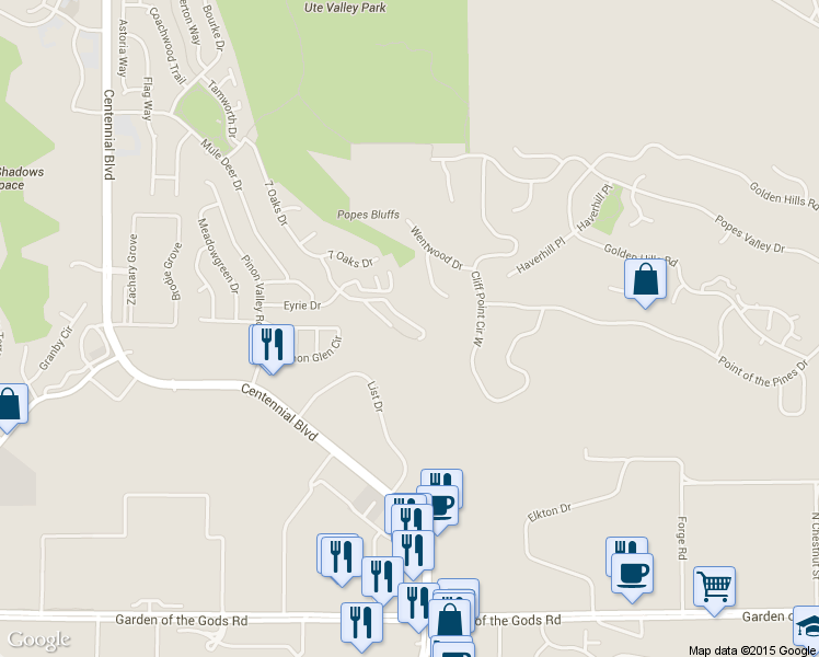 map of restaurants, bars, coffee shops, grocery stores, and more near 1445 Territory Trail in Colorado Springs