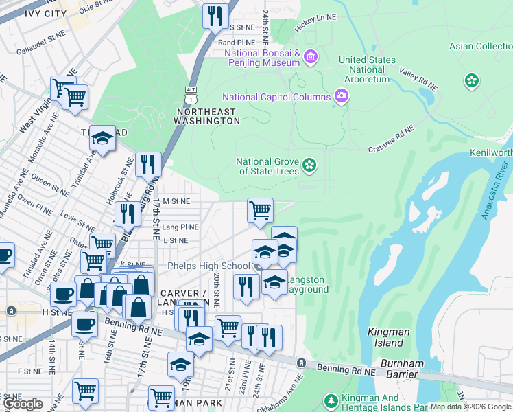 map of restaurants, bars, coffee shops, grocery stores, and more near 101 Independence Avenue Southeast in Washington