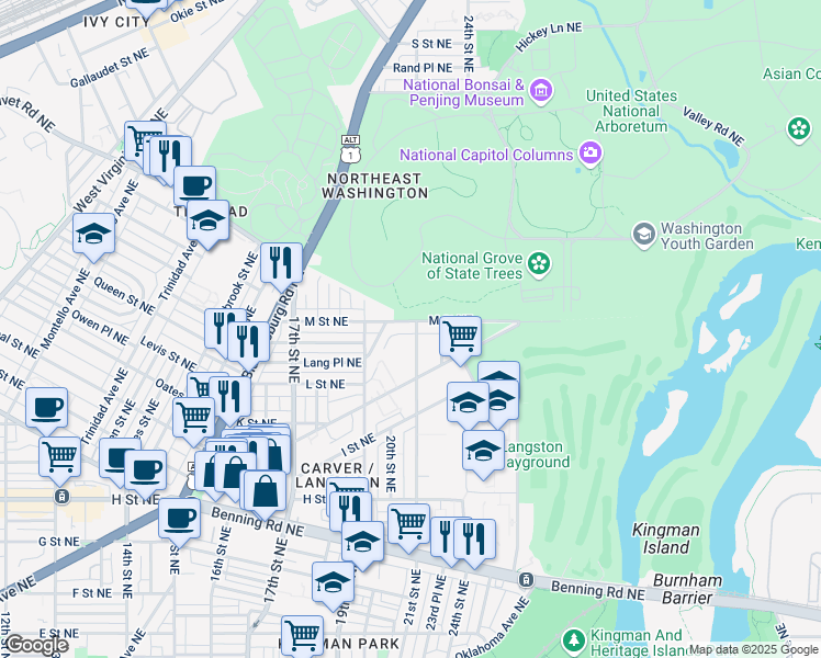 map of restaurants, bars, coffee shops, grocery stores, and more near 101 Independence Avenue Southeast in Washington