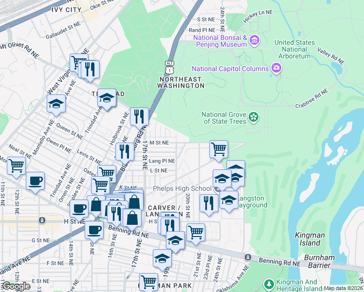 map of restaurants, bars, coffee shops, grocery stores, and more near 101 Independence Avenue Southeast in Washington