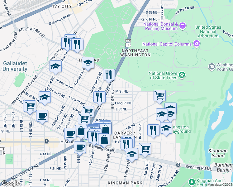 map of restaurants, bars, coffee shops, grocery stores, and more near 101 Independence Avenue Southeast in Washington